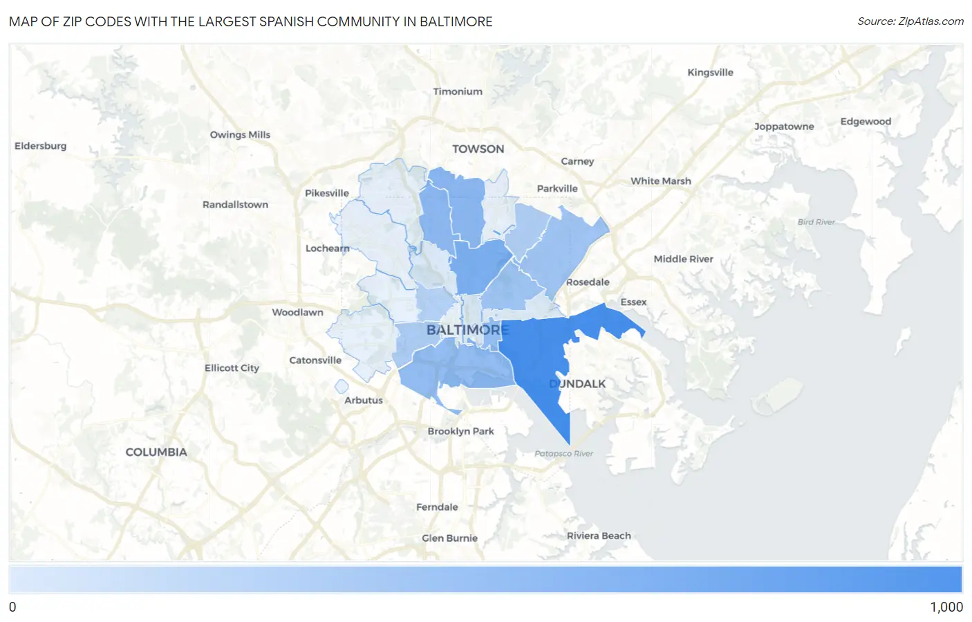 Zip Codes with the Largest Spanish Community in Baltimore Map