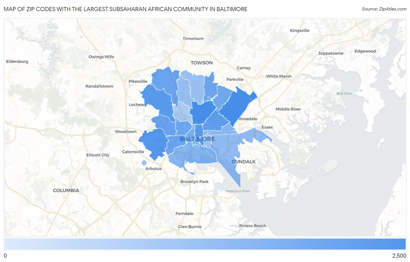 Zip Codes with the Largest Subsaharan African Community in Baltimore Map