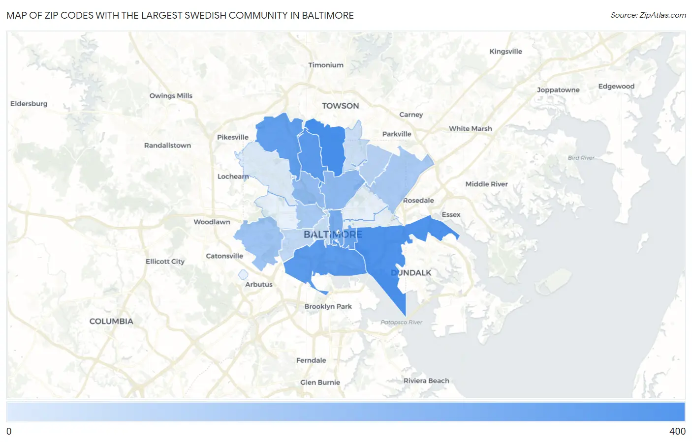 Zip Codes with the Largest Swedish Community in Baltimore Map