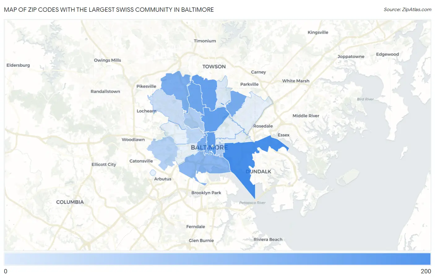 Zip Codes with the Largest Swiss Community in Baltimore Map