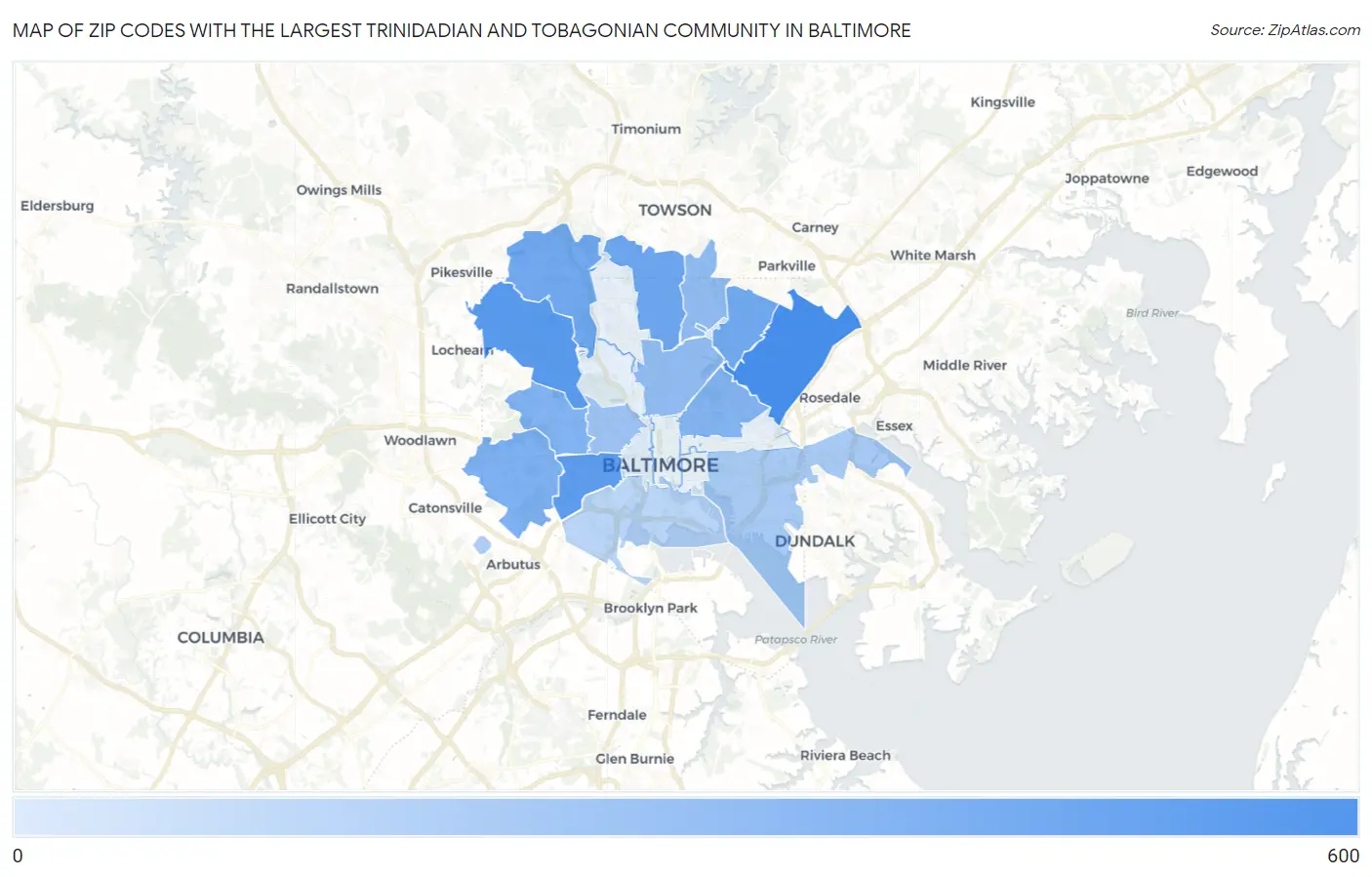 Zip Codes with the Largest Trinidadian and Tobagonian Community in Baltimore Map