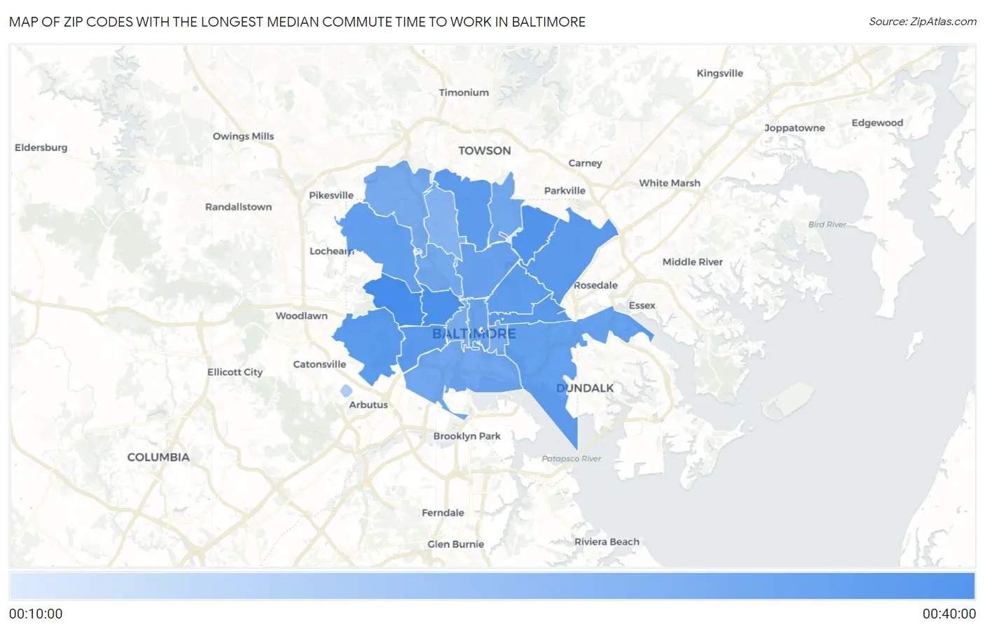 Zip Codes with the Longest Median Commute Time to Work in Baltimore Map
