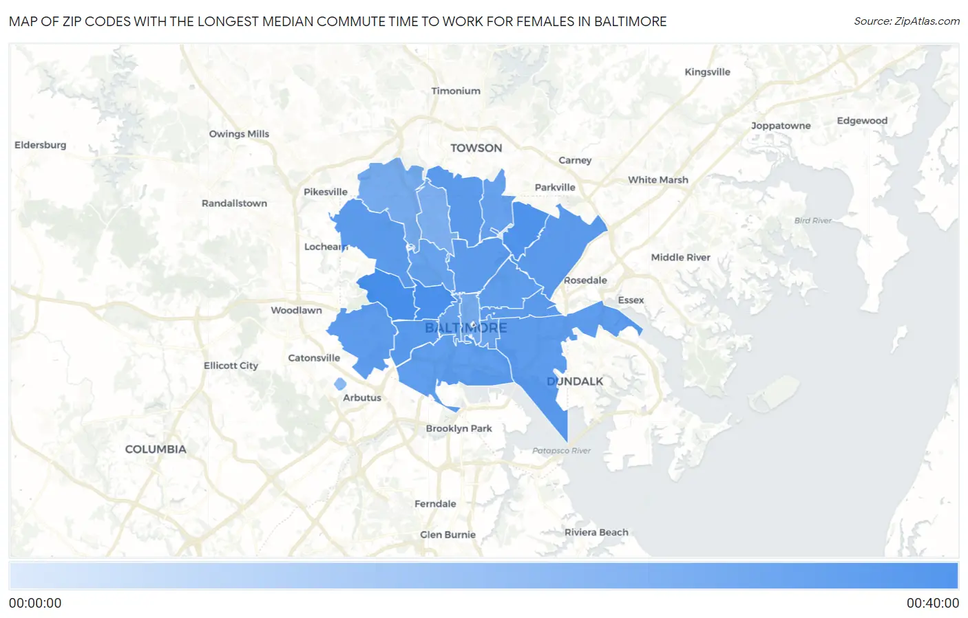 Zip Codes with the Longest Median Commute Time to Work for Females in Baltimore Map