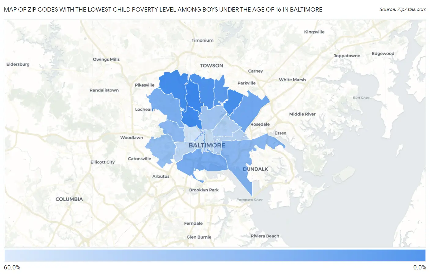 Zip Codes with the Lowest Child Poverty Level Among Boys Under the Age of 16 in Baltimore Map