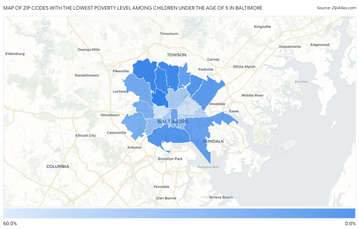 Zip Codes with the Lowest Poverty Level Among Children Under the Age of 5 in Baltimore Map