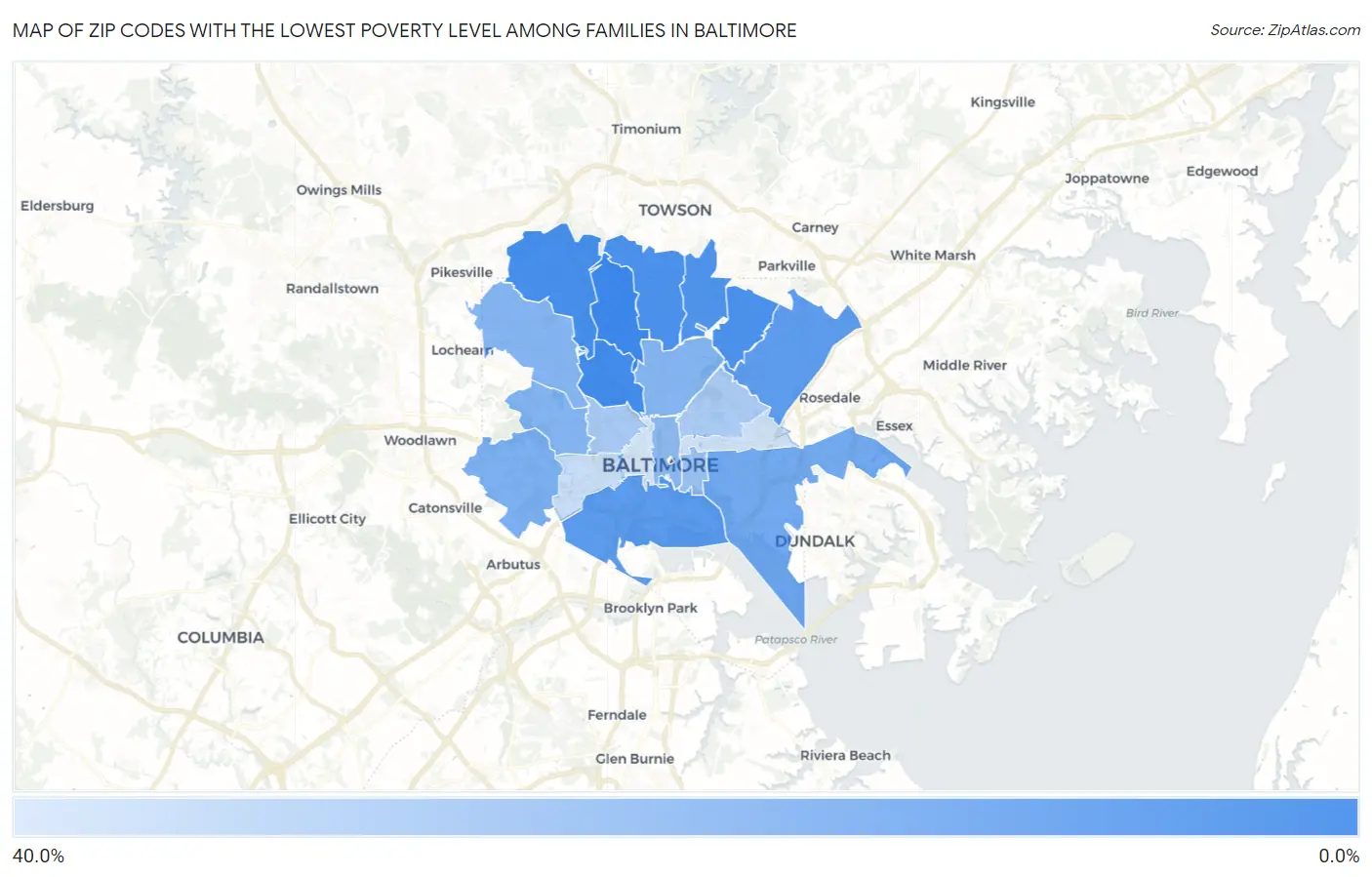 Zip Codes with the Lowest Poverty Level Among Families in Baltimore Map