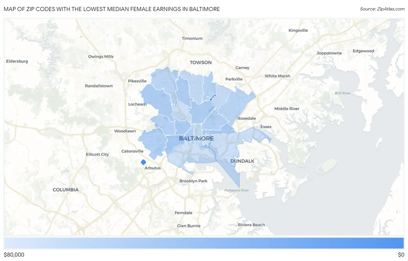 Zip Codes with the Lowest Median Female Earnings in Baltimore Map