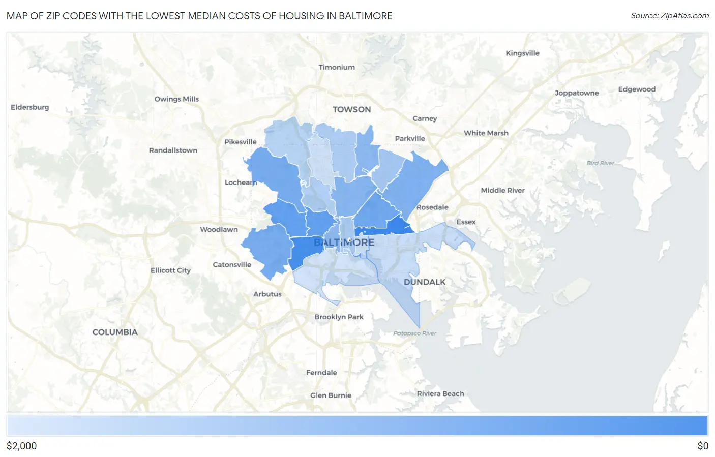Zip Codes with the Lowest Median Costs of Housing in Baltimore Map