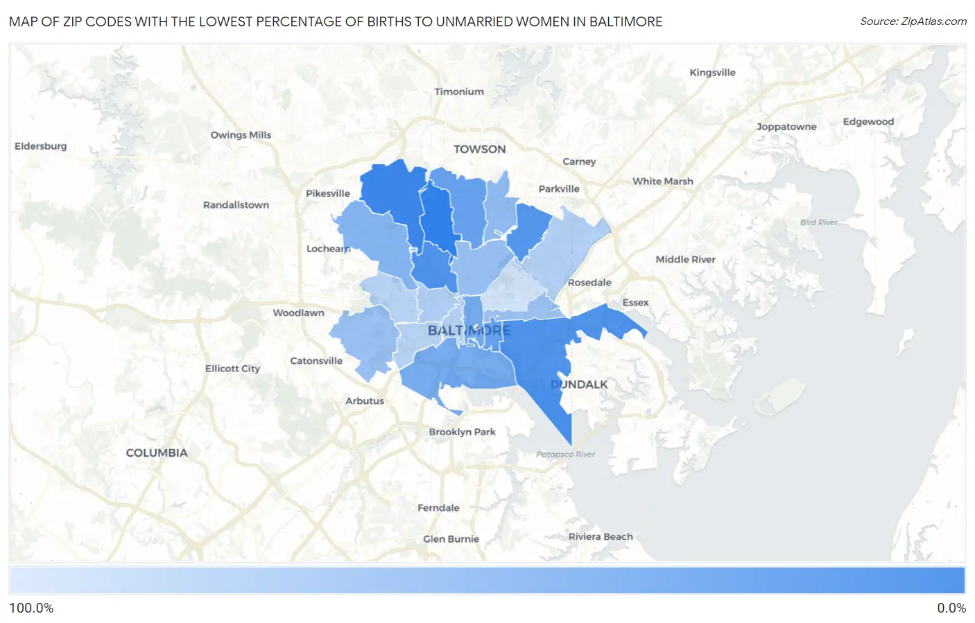 Zip Codes with the Lowest Percentage of Births to Unmarried Women in Baltimore Map
