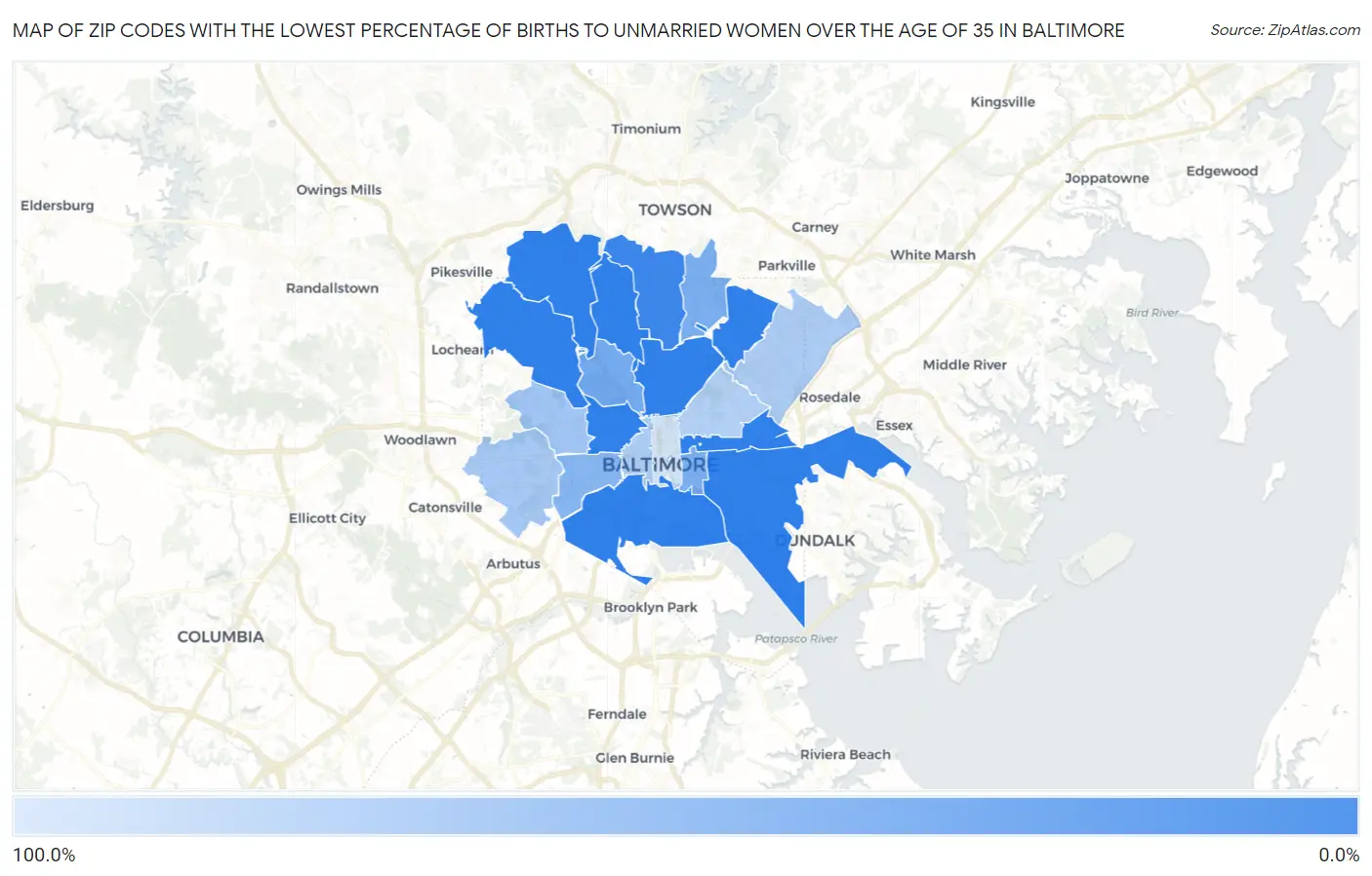 Zip Codes with the Lowest Percentage of Births to Unmarried Women over the Age of 35 in Baltimore Map