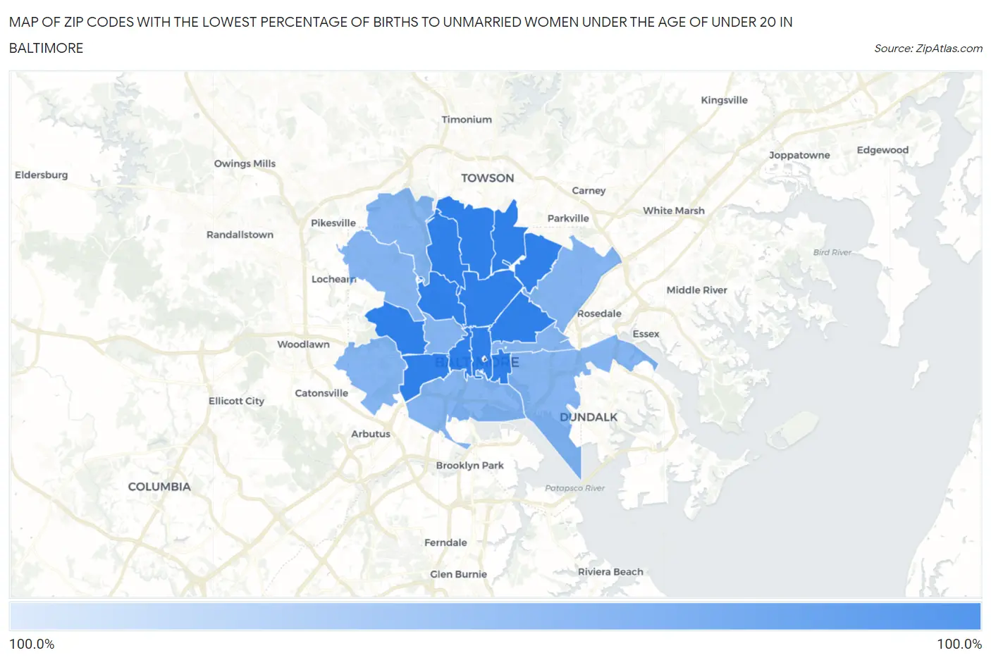 Zip Codes with the Lowest Percentage of Births to Unmarried Women under the Age of under 20 in Baltimore Map