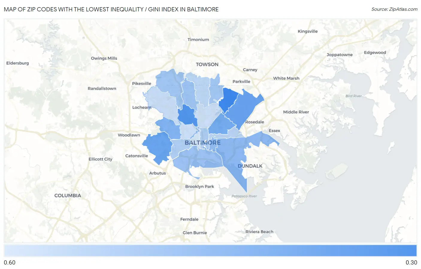 Zip Codes with the Lowest Inequality / Gini Index in Baltimore Map