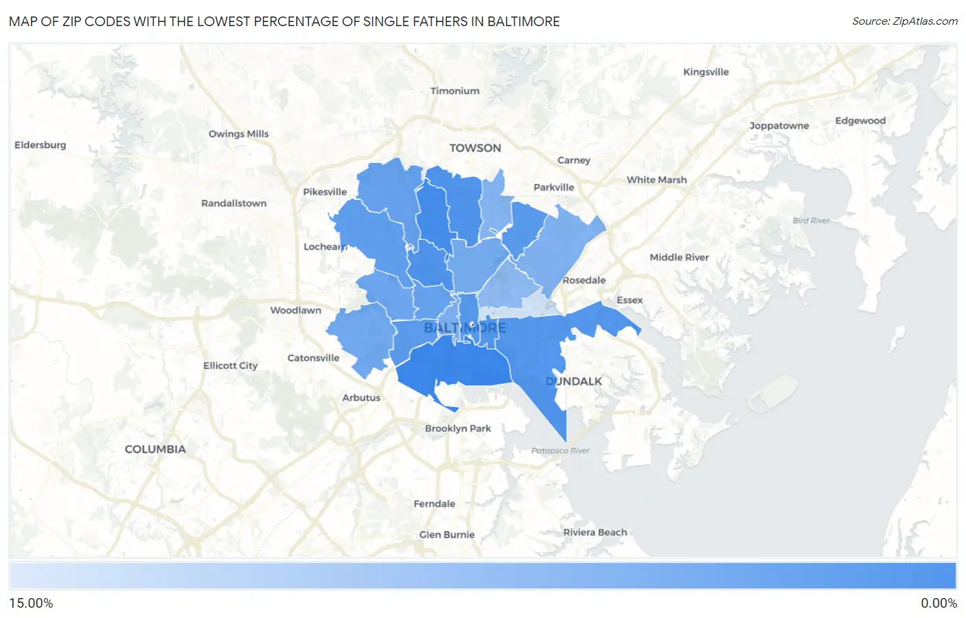 Zip Codes with the Lowest Percentage of Single Fathers in Baltimore Map