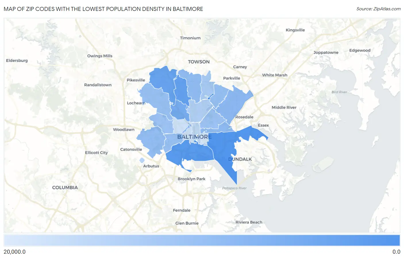 Zip Codes with the Lowest Population Density in Baltimore Map