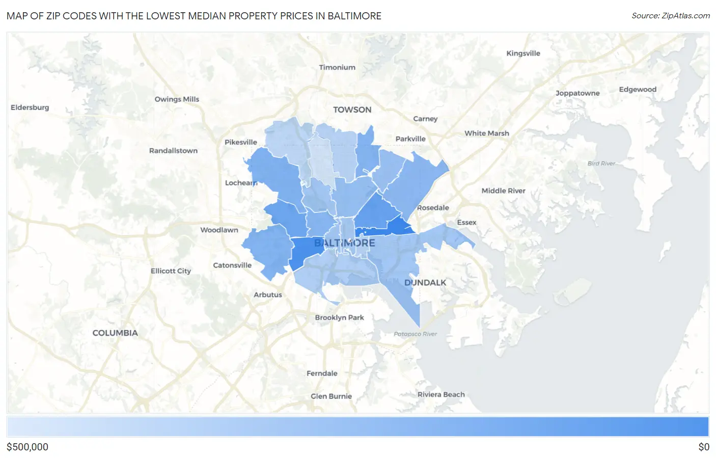 Zip Codes with the Lowest Median Property Prices in Baltimore Map