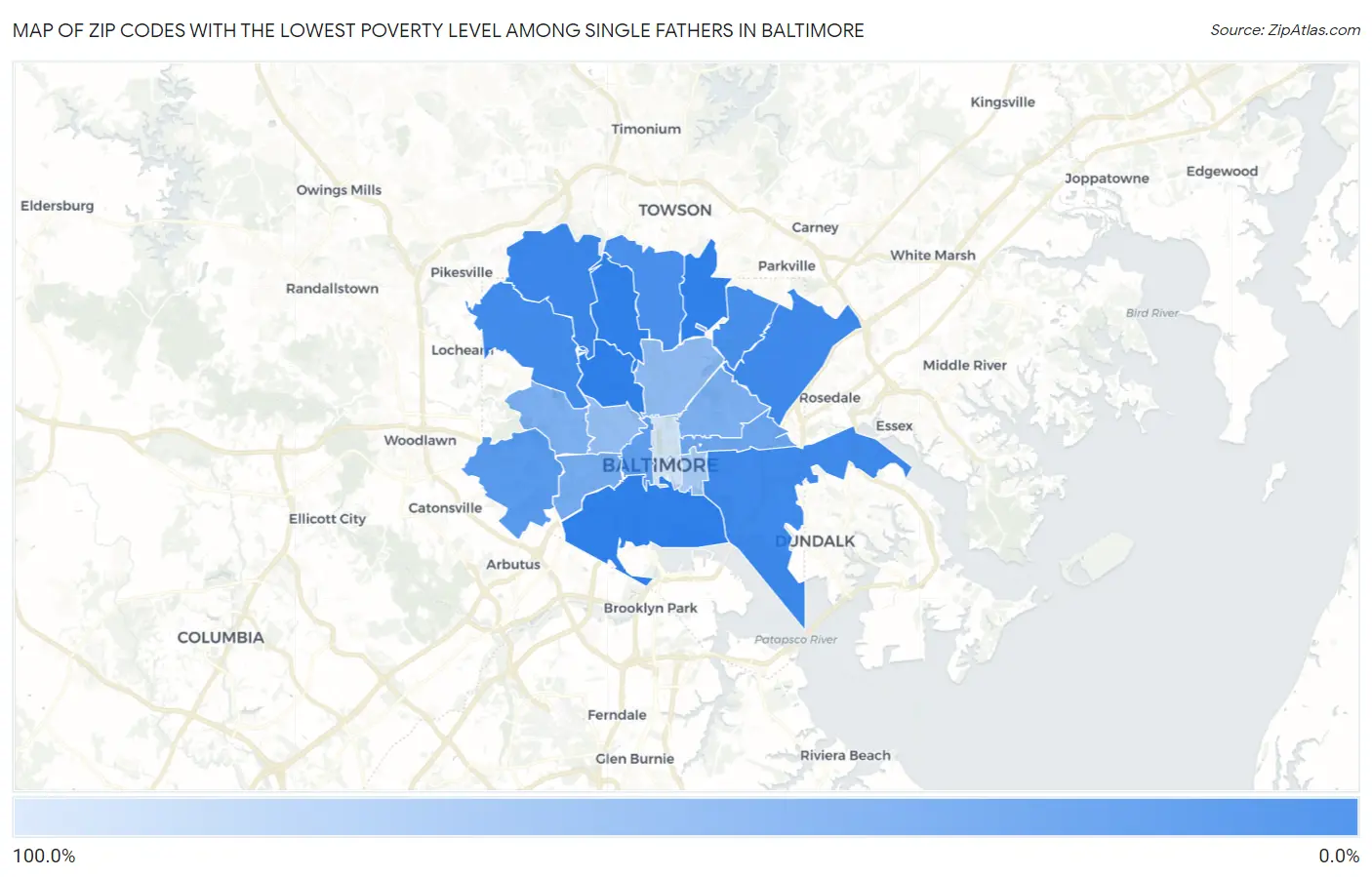 Zip Codes with the Lowest Poverty Level Among Single Fathers in Baltimore Map