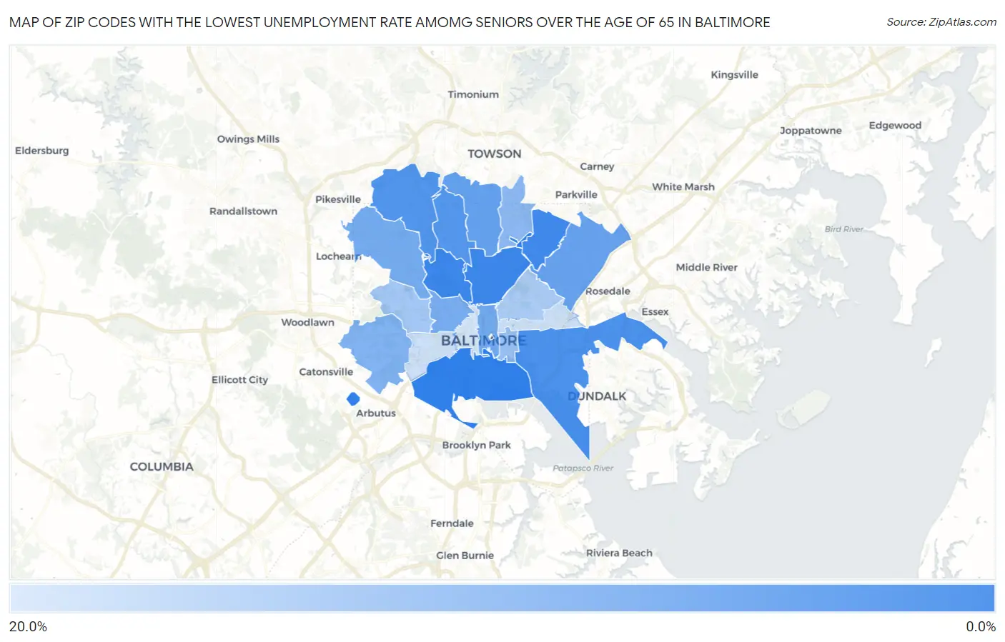 Zip Codes with the Lowest Unemployment Rate Amomg Seniors Over the Age of 65 in Baltimore Map