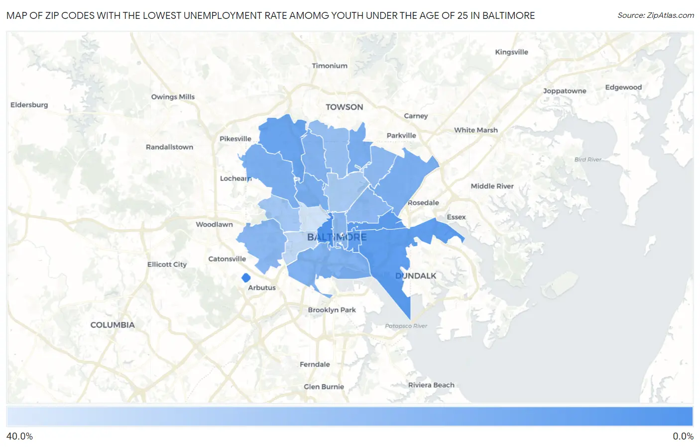 Zip Codes with the Lowest Unemployment Rate Amomg Youth Under the Age of 25 in Baltimore Map