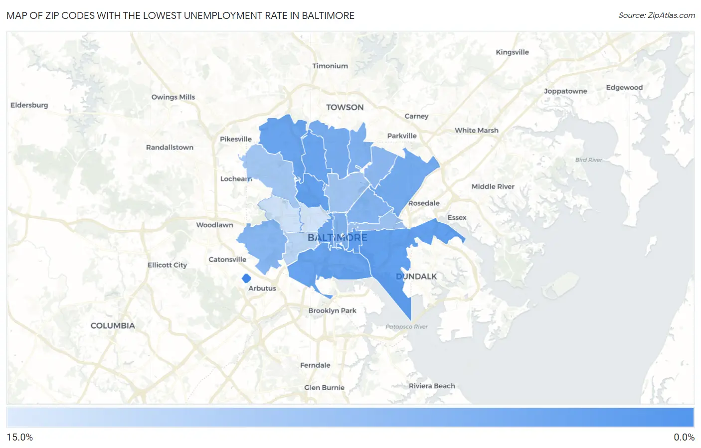 Zip Codes with the Lowest Unemployment Rate in Baltimore Map