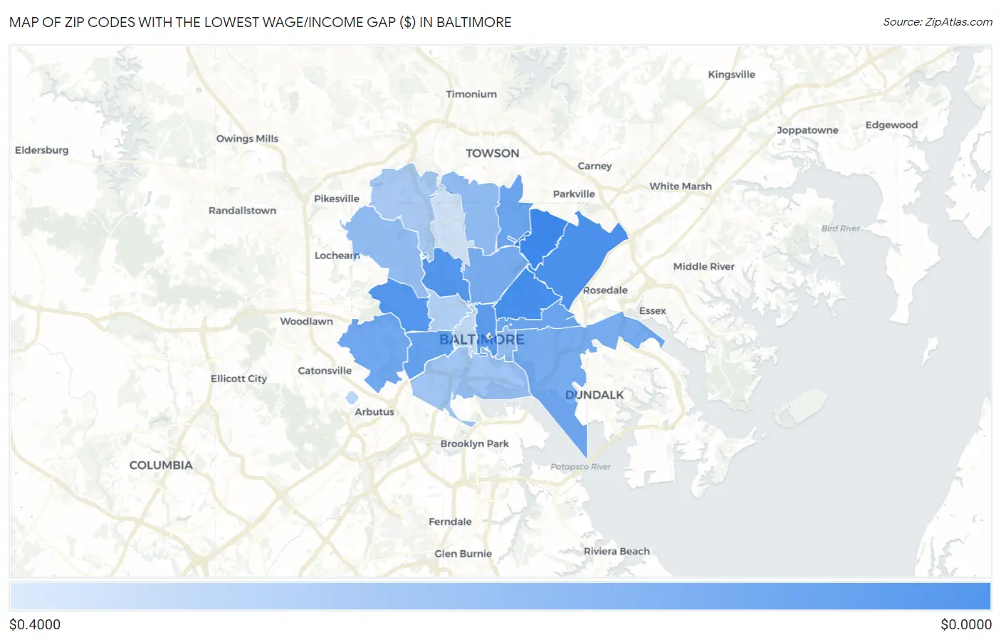 Zip Codes with the Lowest Wage/Income Gap ($) in Baltimore Map