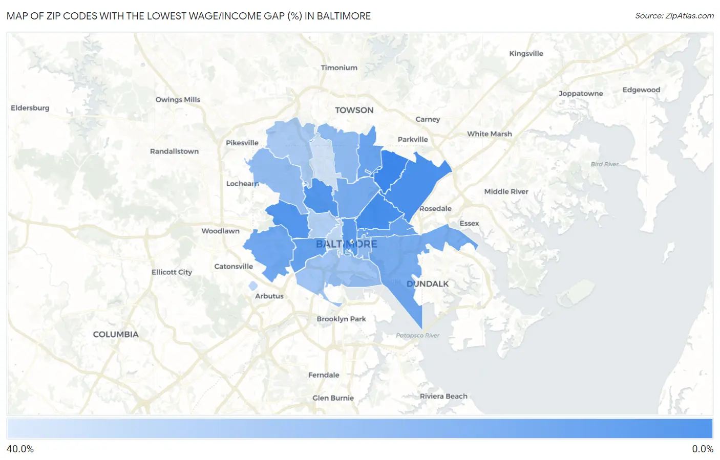 Zip Codes with the Lowest Wage/Income Gap (%) in Baltimore Map