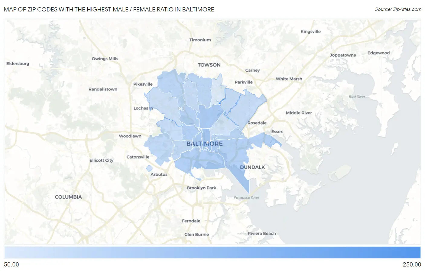 Zip Codes with the Highest Male / Female Ratio in Baltimore Map