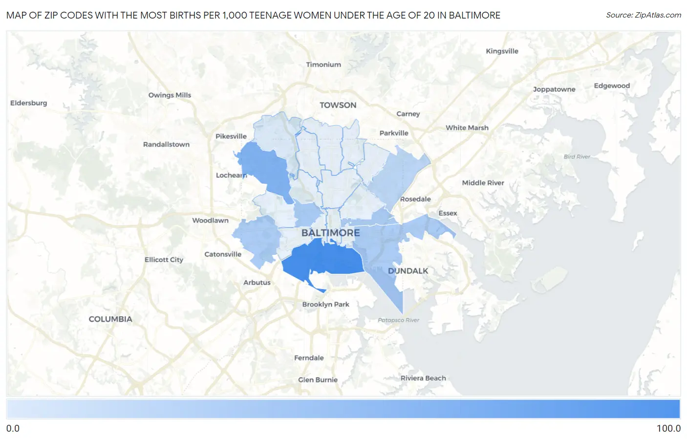 Zip Codes with the Most Births per 1,000 Teenage Women Under the Age of 20 in Baltimore Map