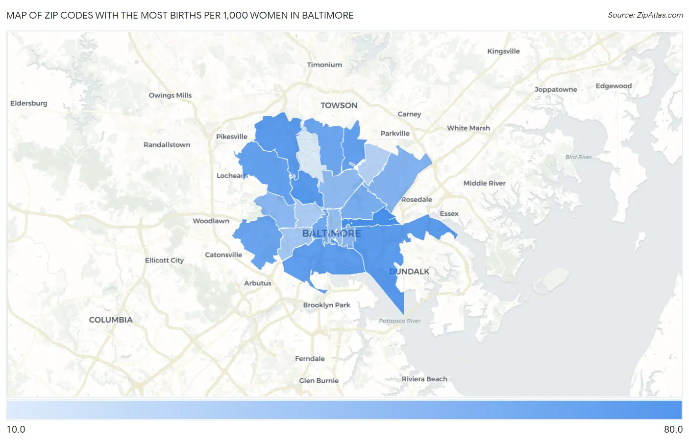 Zip Codes with the Most Births per 1,000 Women in Baltimore Map