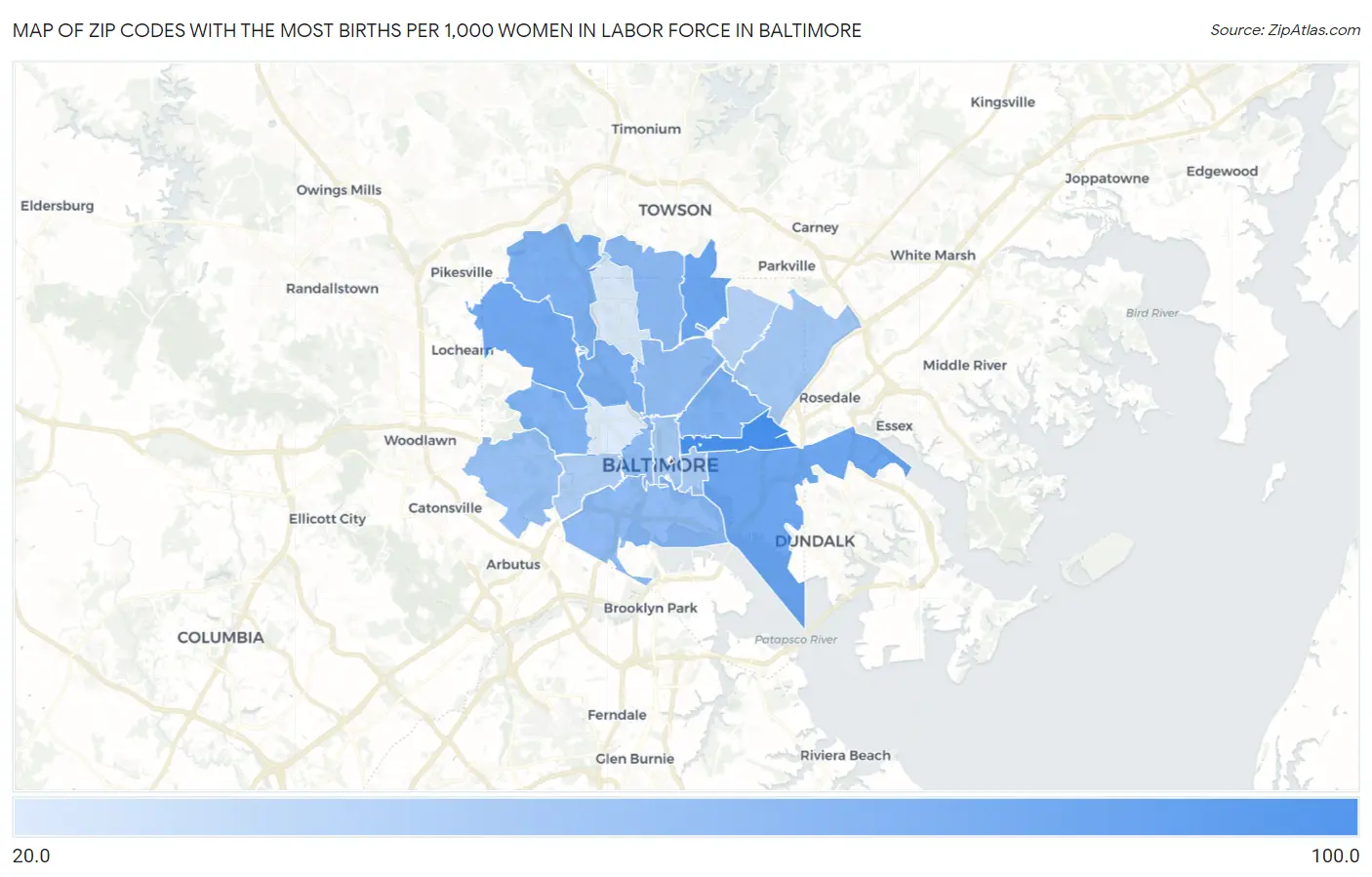 Zip Codes with the Most Births per 1,000 Women in Labor Force in Baltimore Map