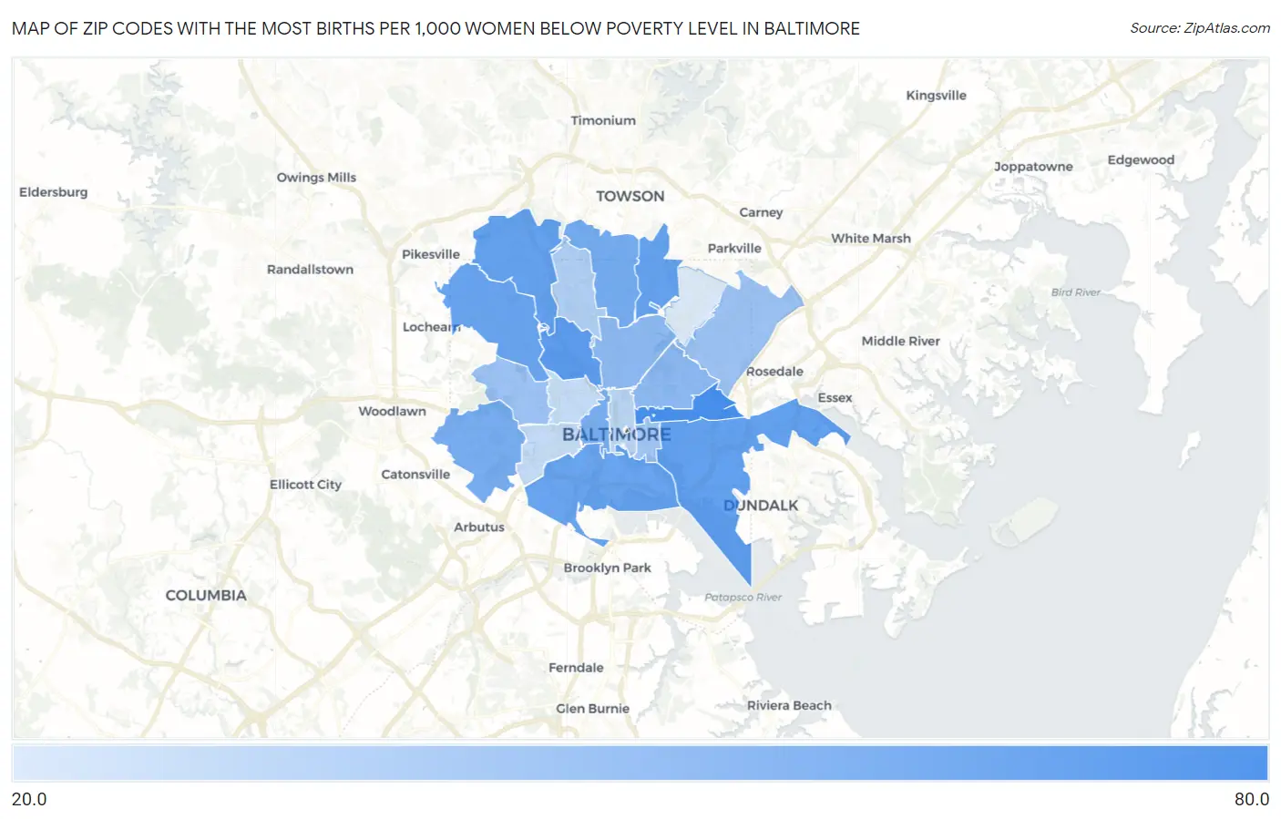 Zip Codes with the Most Births per 1,000 Women Below Poverty Level in Baltimore Map