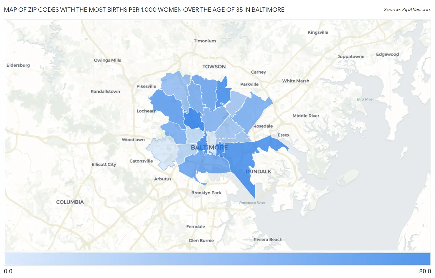 Zip Codes with the Most Births per 1,000 Women Over the Age of 35 in Baltimore Map