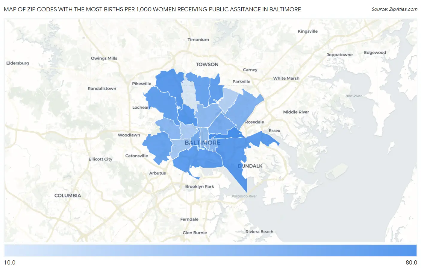 Zip Codes with the Most Births per 1,000 Women Receiving Public Assitance in Baltimore Map
