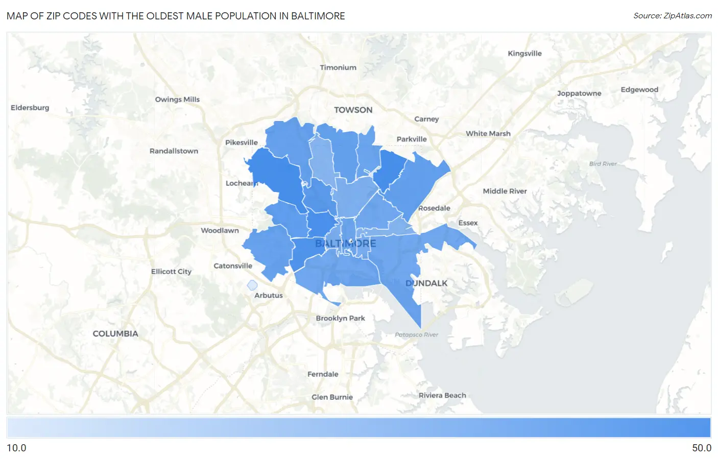 Zip Codes with the Oldest Male Population in Baltimore Map