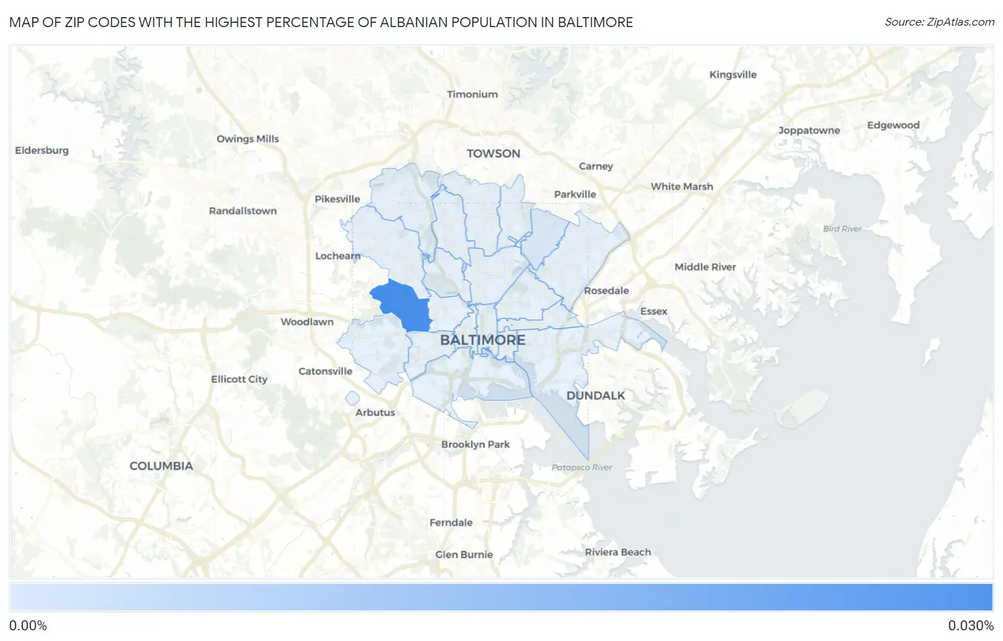 Zip Codes with the Highest Percentage of Albanian Population in Baltimore Map