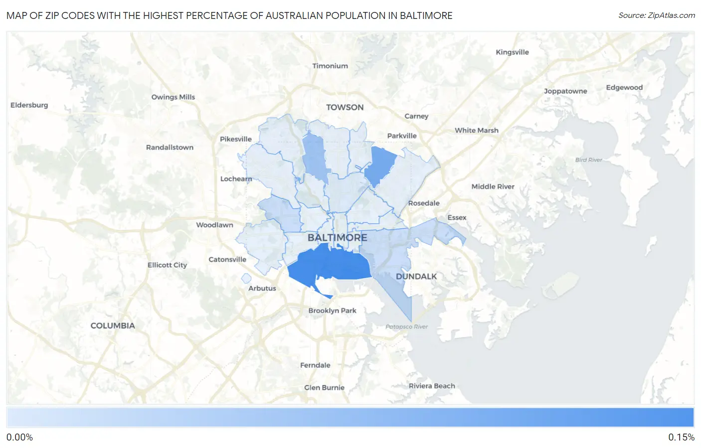 Zip Codes with the Highest Percentage of Australian Population in Baltimore Map