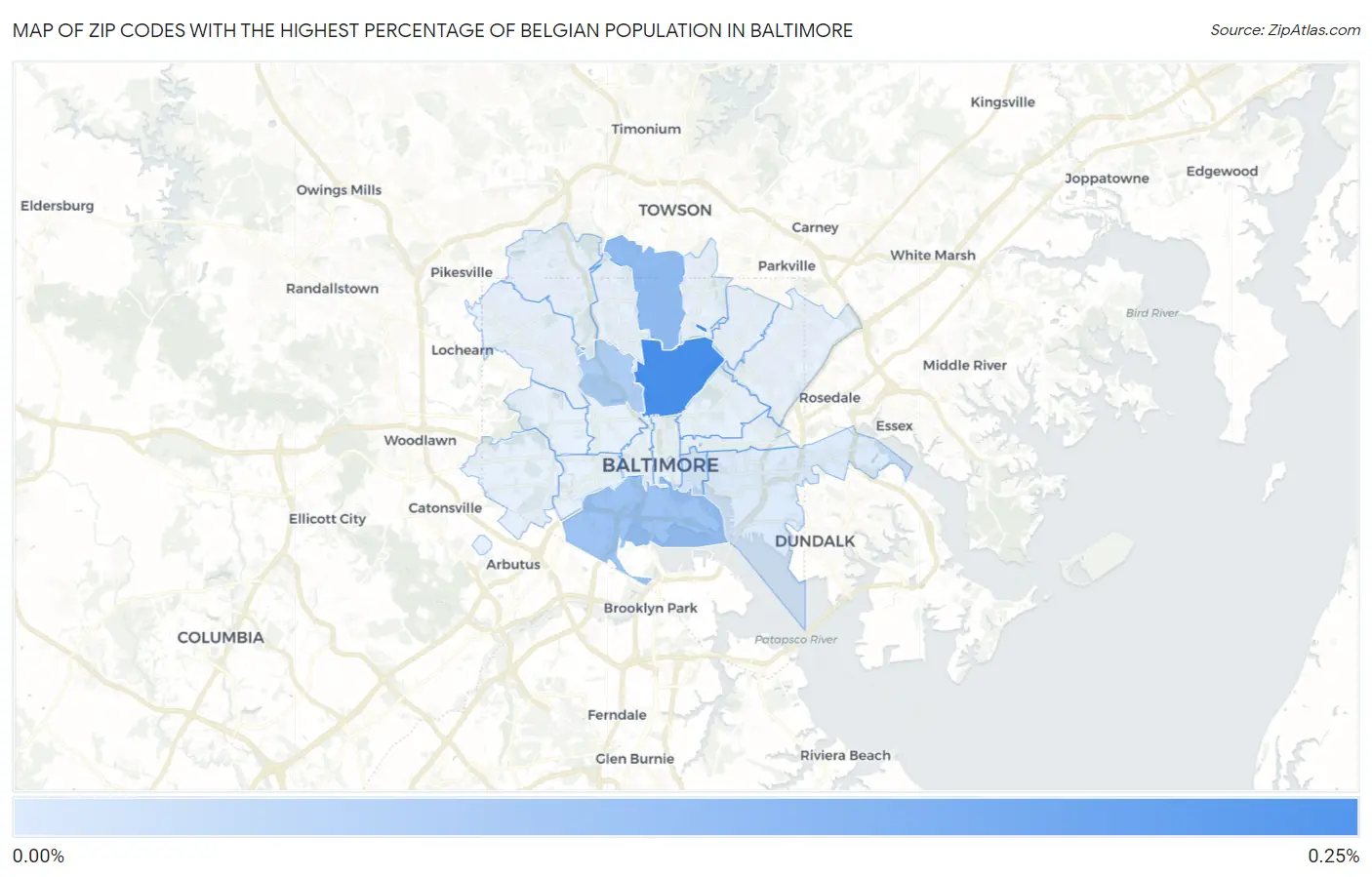 Zip Codes with the Highest Percentage of Belgian Population in Baltimore Map
