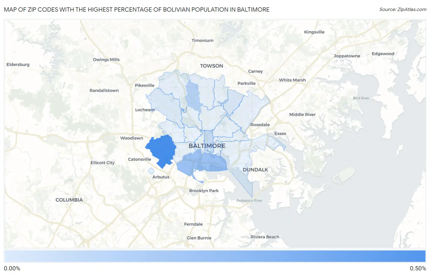 Zip Codes with the Highest Percentage of Bolivian Population in Baltimore Map