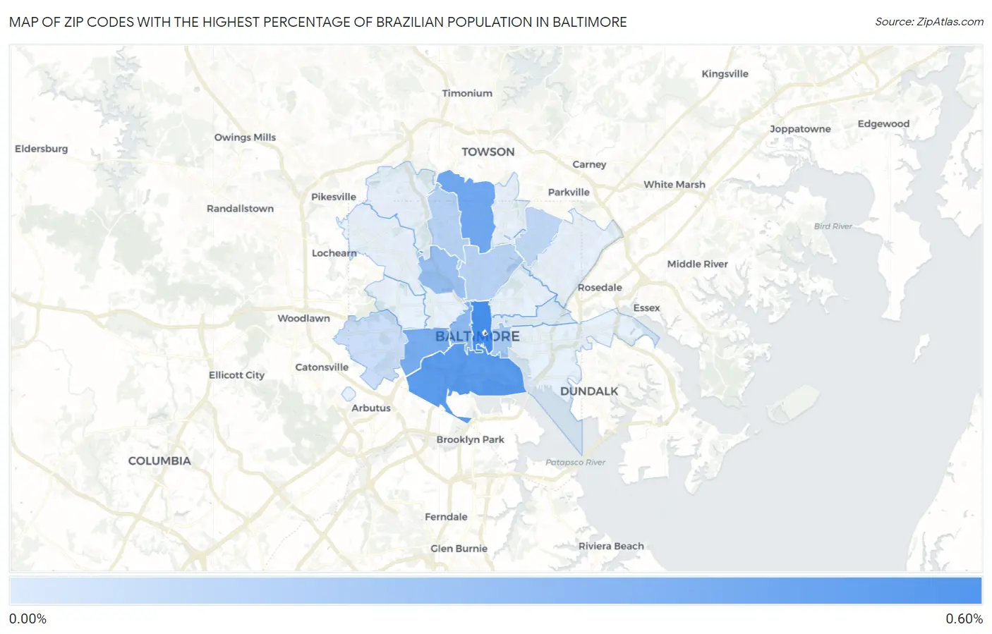 Zip Codes with the Highest Percentage of Brazilian Population in Baltimore Map