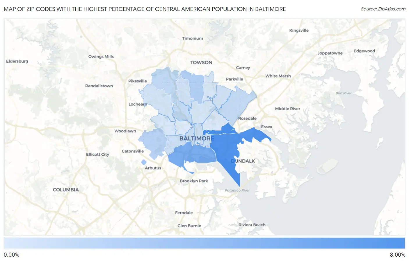 Zip Codes with the Highest Percentage of Central American Population in Baltimore Map