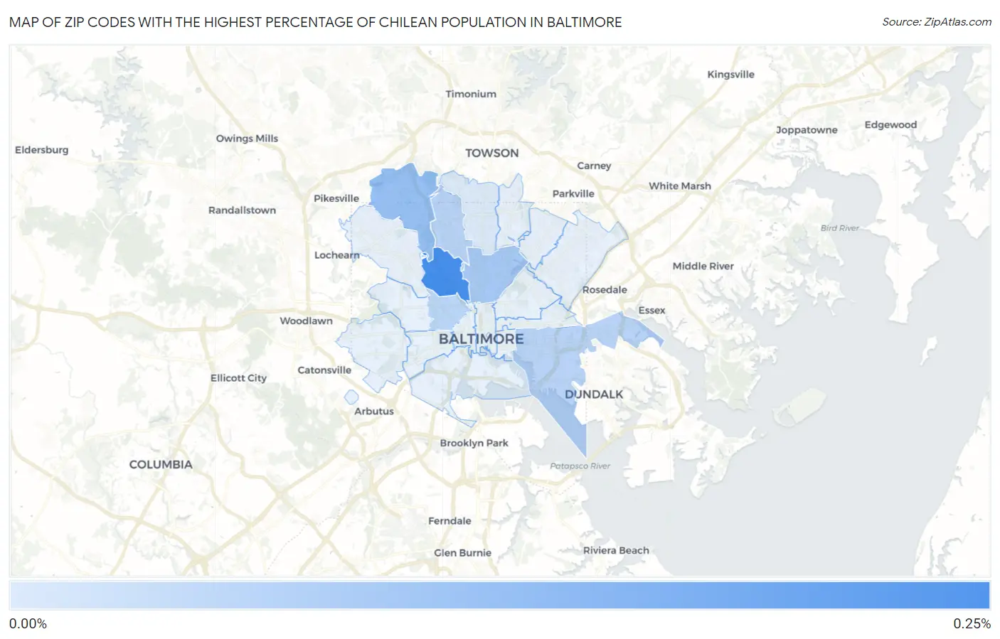 Zip Codes with the Highest Percentage of Chilean Population in Baltimore Map
