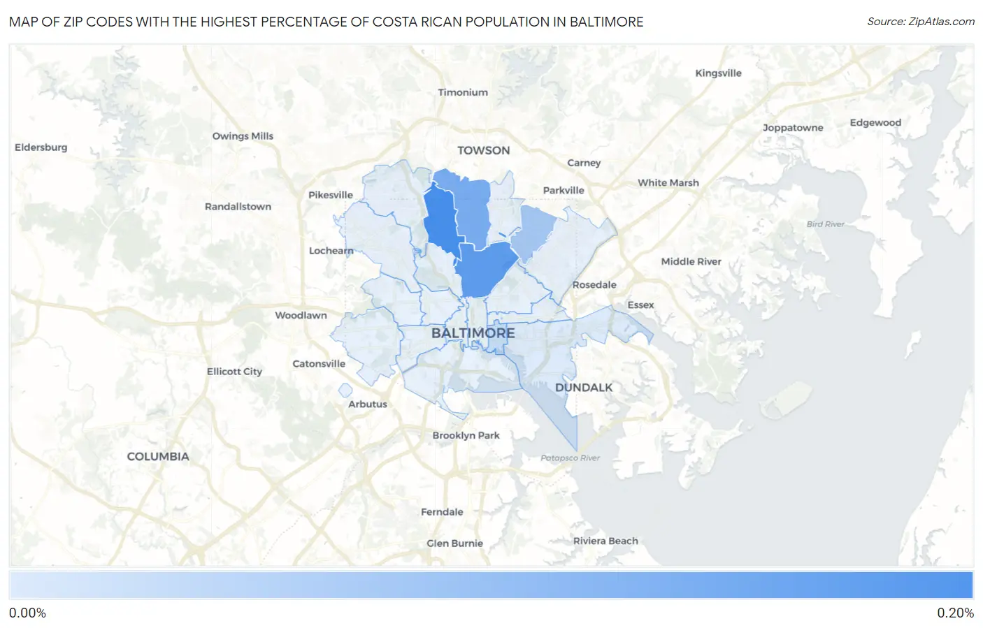 Zip Codes with the Highest Percentage of Costa Rican Population in Baltimore Map