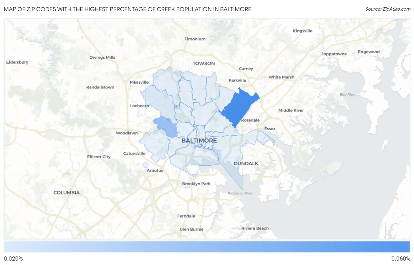 Zip Codes with the Highest Percentage of Creek Population in Baltimore Map