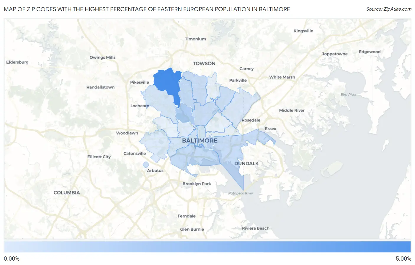 Zip Codes with the Highest Percentage of Eastern European Population in Baltimore Map