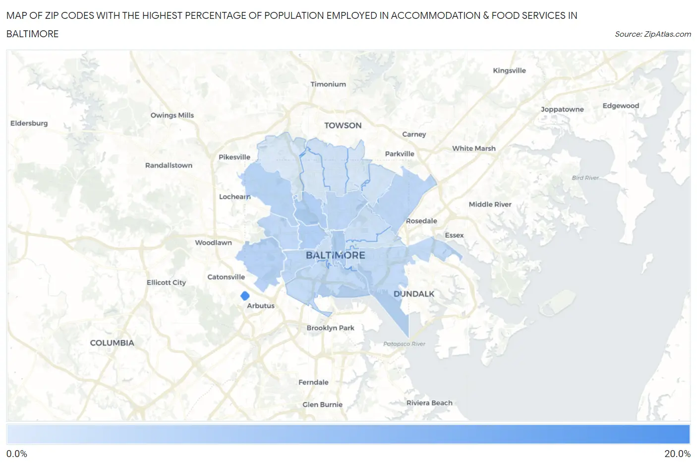 Zip Codes with the Highest Percentage of Population Employed in Accommodation & Food Services in Baltimore Map