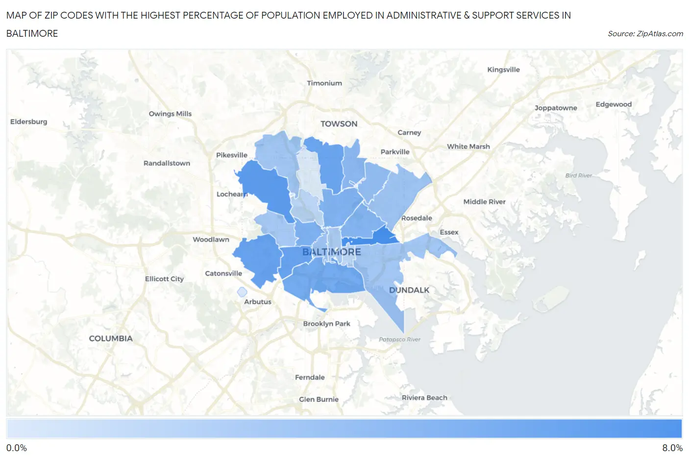 Zip Codes with the Highest Percentage of Population Employed in Administrative & Support Services in Baltimore Map