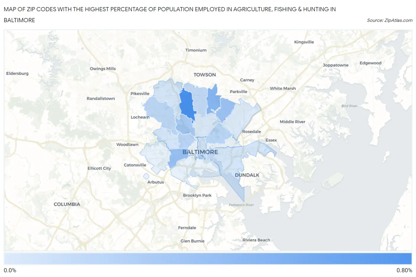 Zip Codes with the Highest Percentage of Population Employed in Agriculture, Fishing & Hunting in Baltimore Map