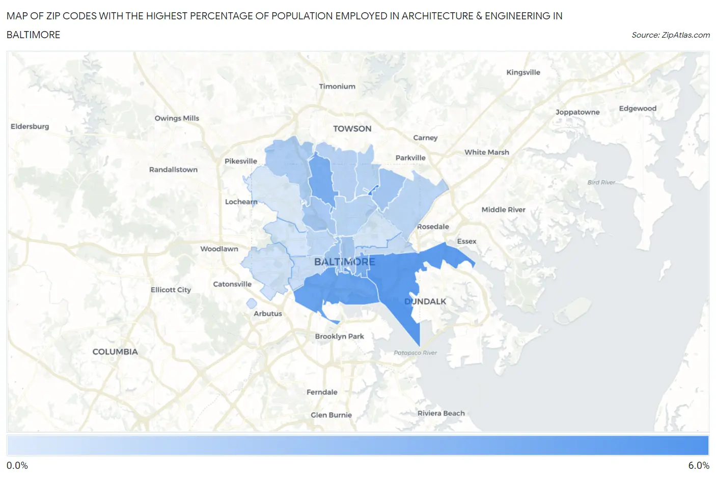 Zip Codes with the Highest Percentage of Population Employed in Architecture & Engineering in Baltimore Map