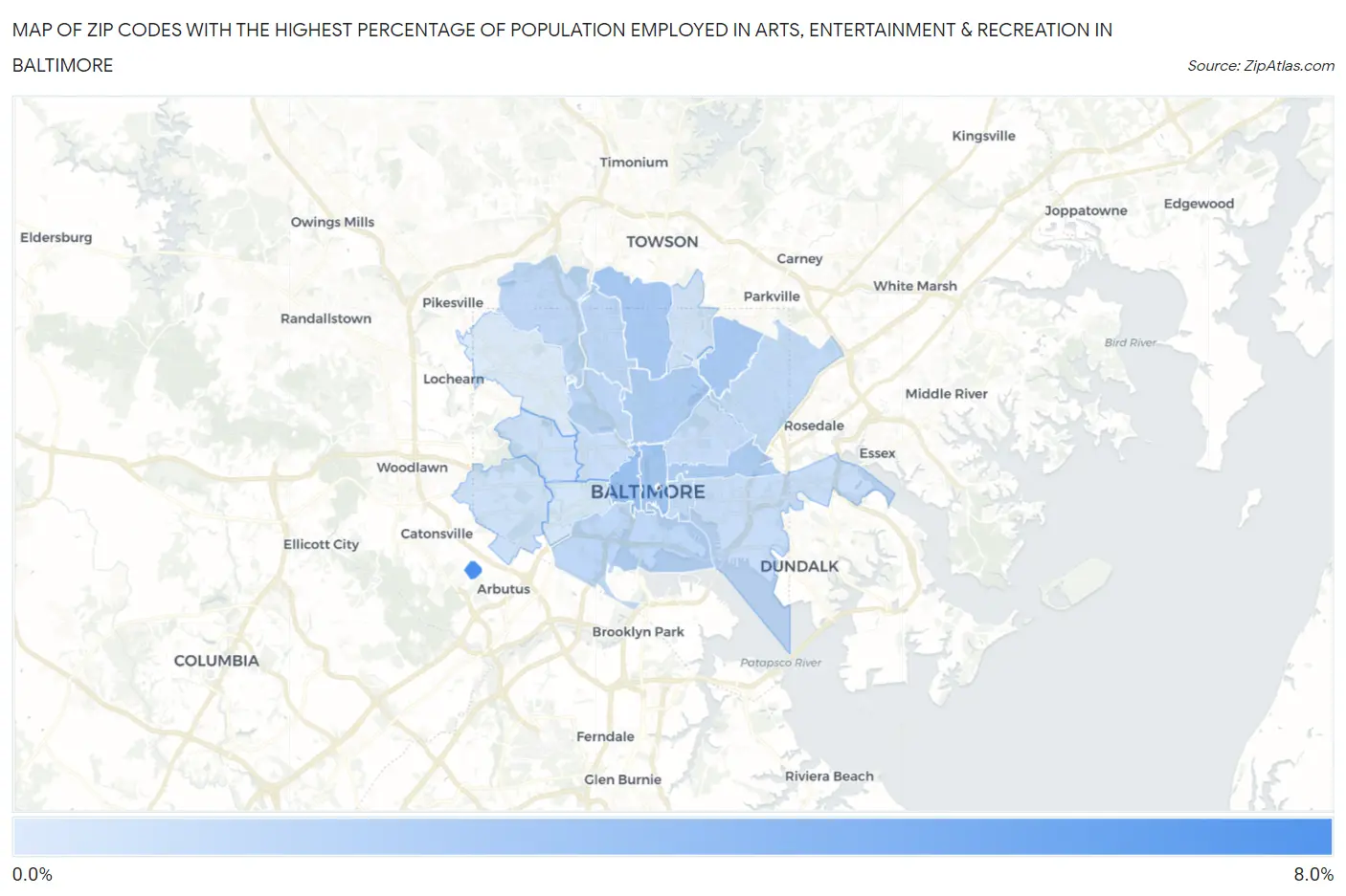 Zip Codes with the Highest Percentage of Population Employed in Arts, Entertainment & Recreation in Baltimore Map