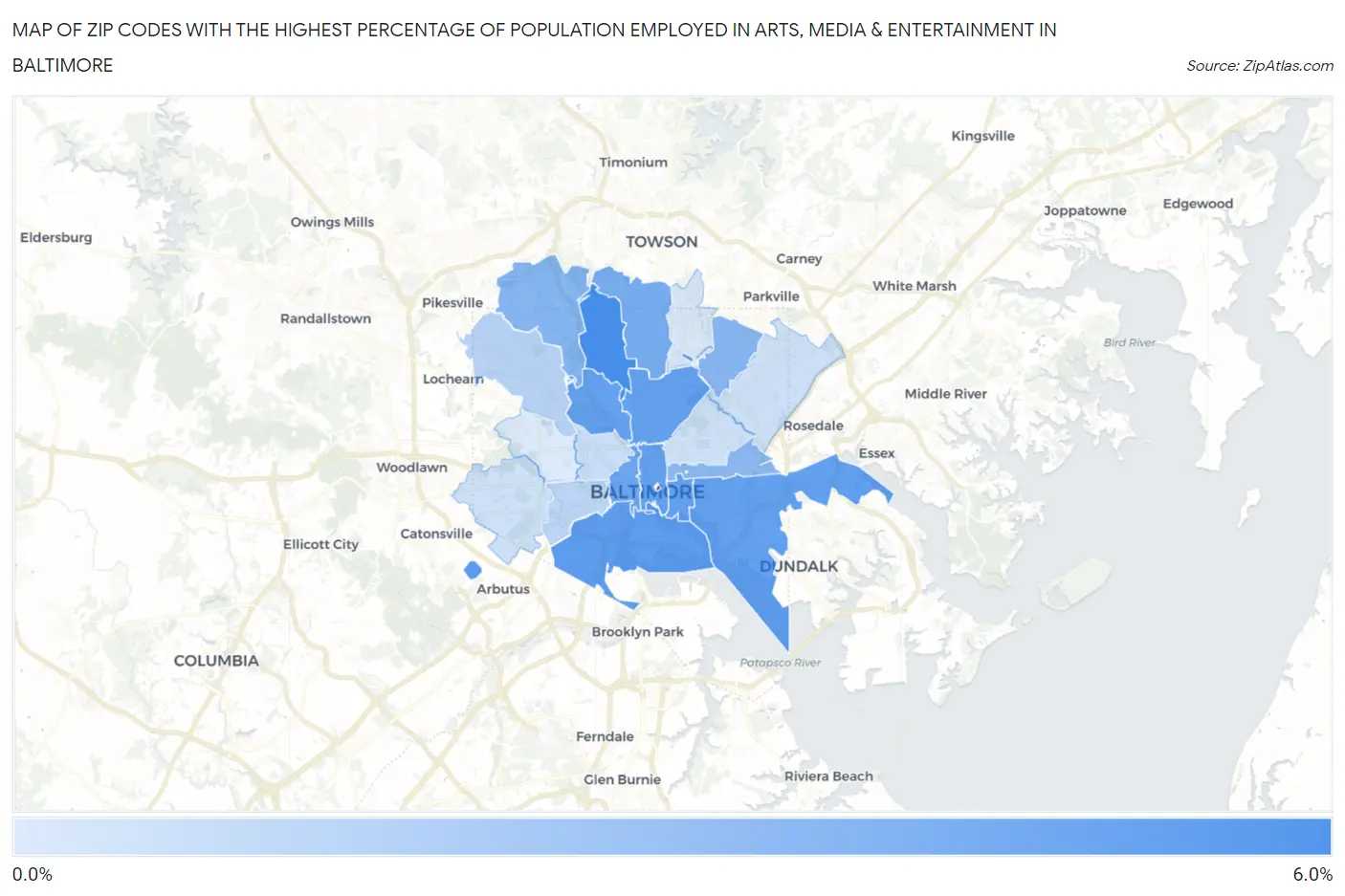 Zip Codes with the Highest Percentage of Population Employed in Arts, Media & Entertainment in Baltimore Map