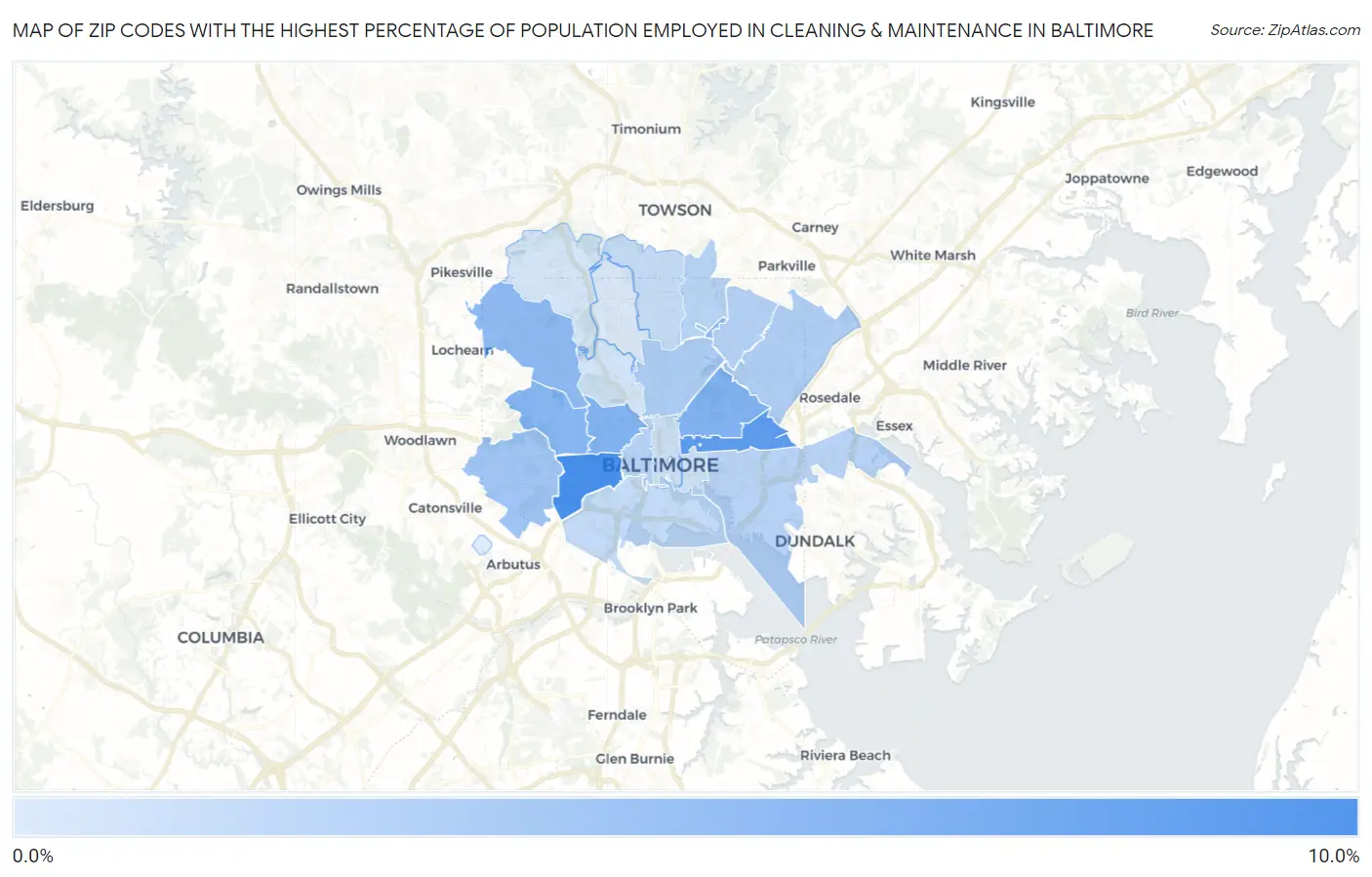Zip Codes with the Highest Percentage of Population Employed in Cleaning & Maintenance in Baltimore Map